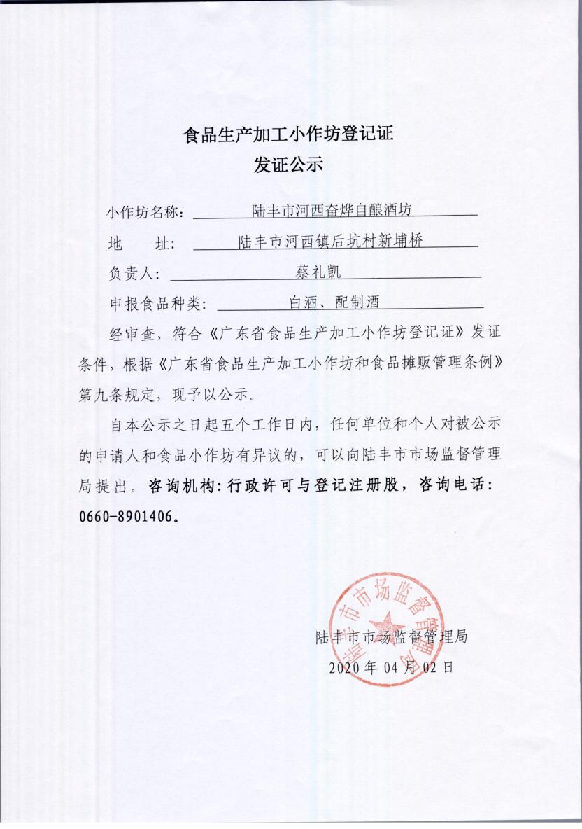 食品生产加工小作坊登记证发证公示（苹果直播
河西奋烨自酿酒坊）.jpg